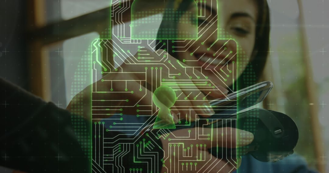 Digital Lock Icon Over People Using Payment Terminal for Security