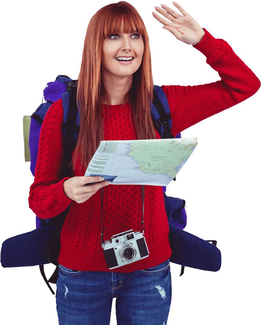 Redheaded Hipster Traveler with Camera and Map on Transparent Background