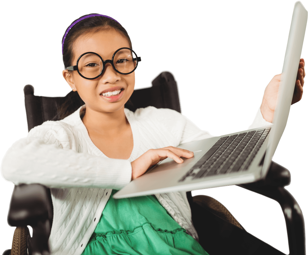 Smiling Girl in Wheelchair Holding Laptop Transparent Background