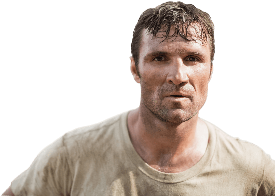 Tired Worker: Portrait of Perspiring Caucasian Man on Transparent Background