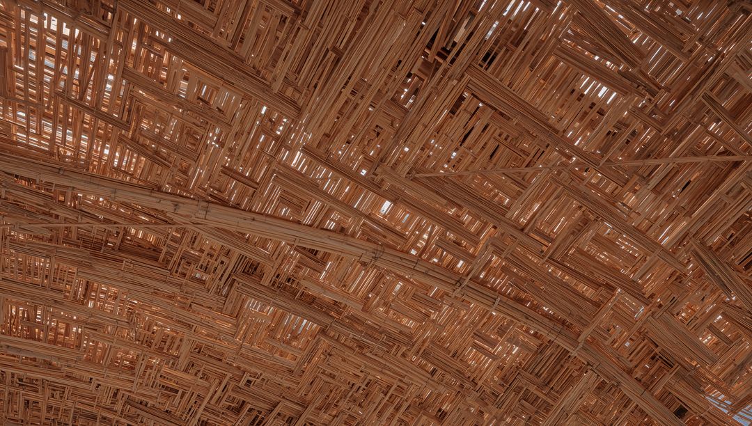 Curved Woven Wood Lattice Ceiling with Bamboo Slats and Organic Light Patterns