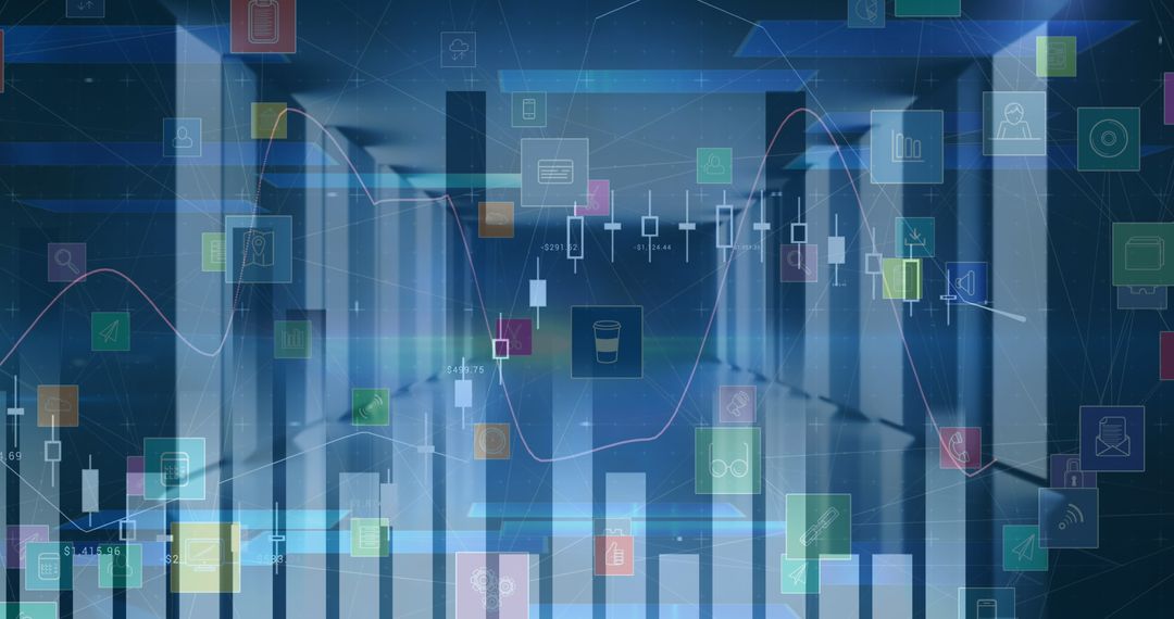 Digital Icons Overlaying Modern Office for Data Processing Concept