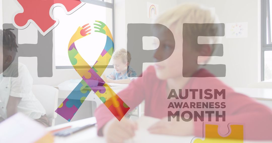 Autism Awareness Month Hope with Colorful Symbol and Diverse Children