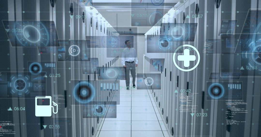 Innovative IT Engineer in Server Room with Digital Interface