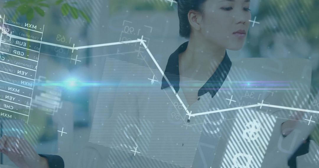Businesswoman Analyzing Data with Financial Graph Overlays