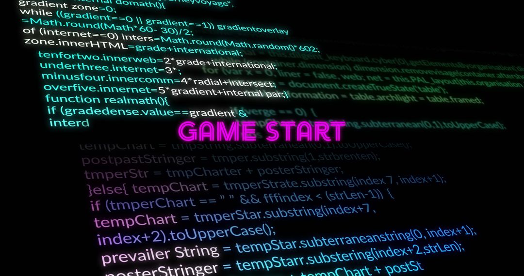 Neon Game Start Text Glowing Over Code