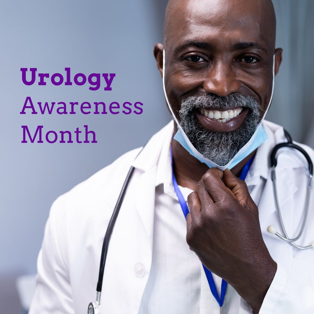 Smiling African American Male Doctor Promoting Urology Awareness Month - Download Free Stock Templates Pikwizard.com