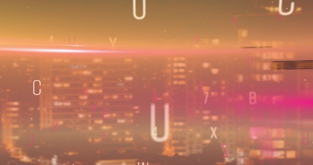 Digital Interface Overlay on Cityscape with Falling Characters