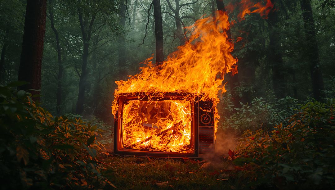 Abandoned Burning CRT Television in Misty Forest Surrounding