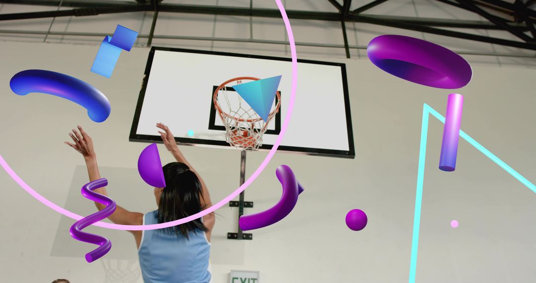 Jumping Athlete Reaching Basketball Hoop with Neon 3D Geometric Overlays in Gymnasium