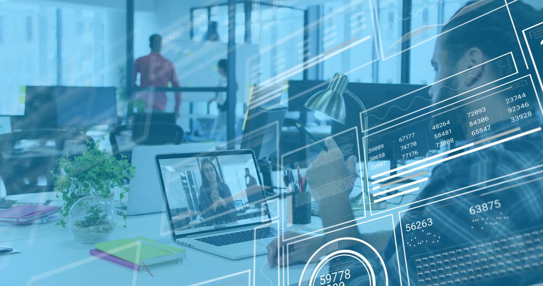 Digital Businessman Analyzing Financial Data in Modern Office