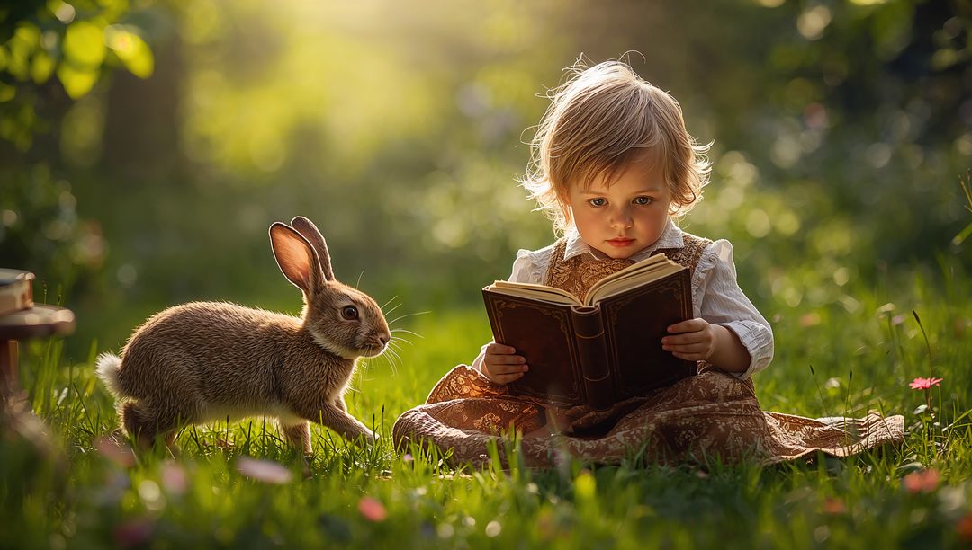 Toddler Reading Vintage Book in Sunlit Meadow with Curious Rabbit Companion