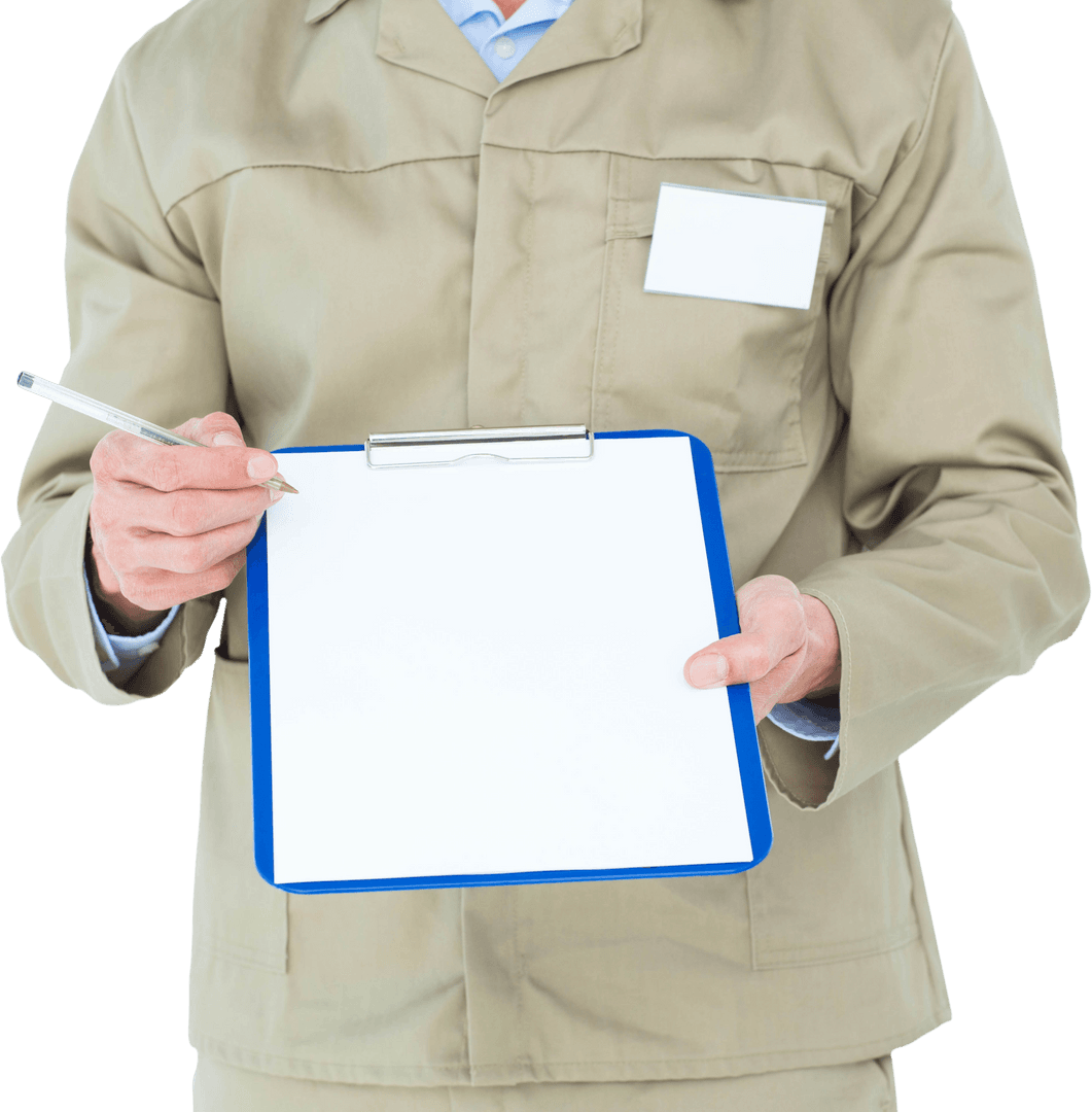Transparent Delivery Personnel Holding Blank Clipboard Mockup