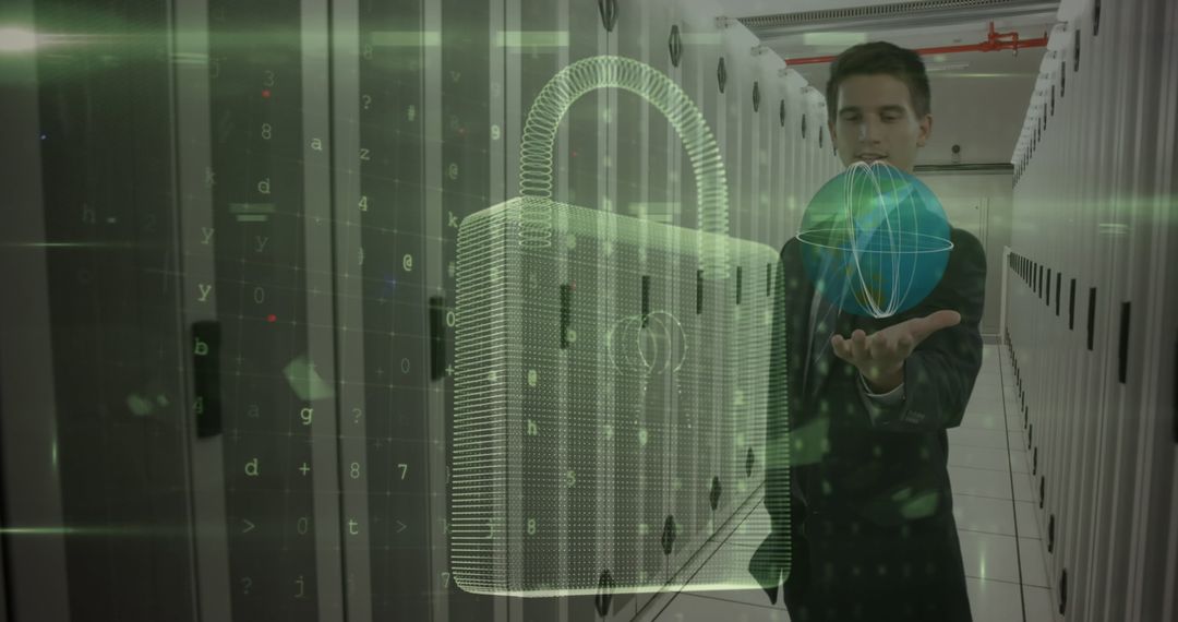Man Showcasing Digital Padlock Hologram in Server Room
