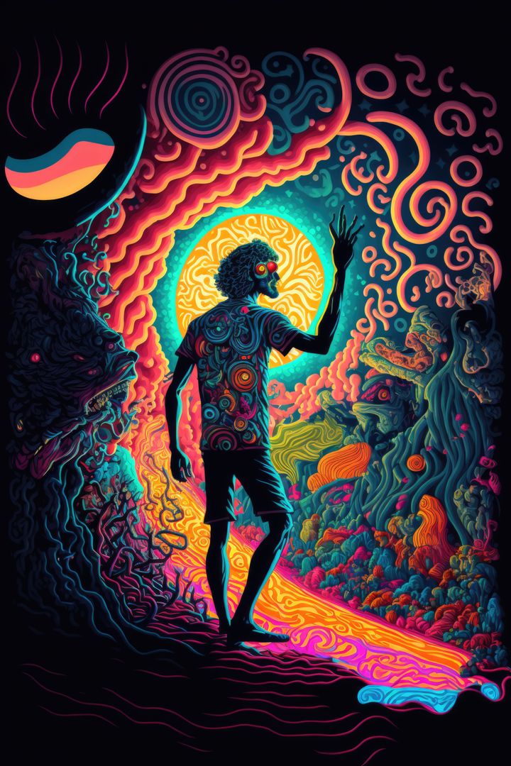 Psychedelic Art: Man in Surreal Landscape with Vibrant Patterns - Free Images, Stock Photos and Pictures on Pikwizard.com