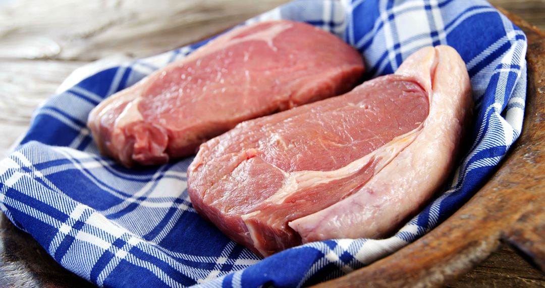 Fresh Raw Pork Chops on Blue Checkered Cloth - Free Images, Stock Photos and Pictures on Pikwizard.com