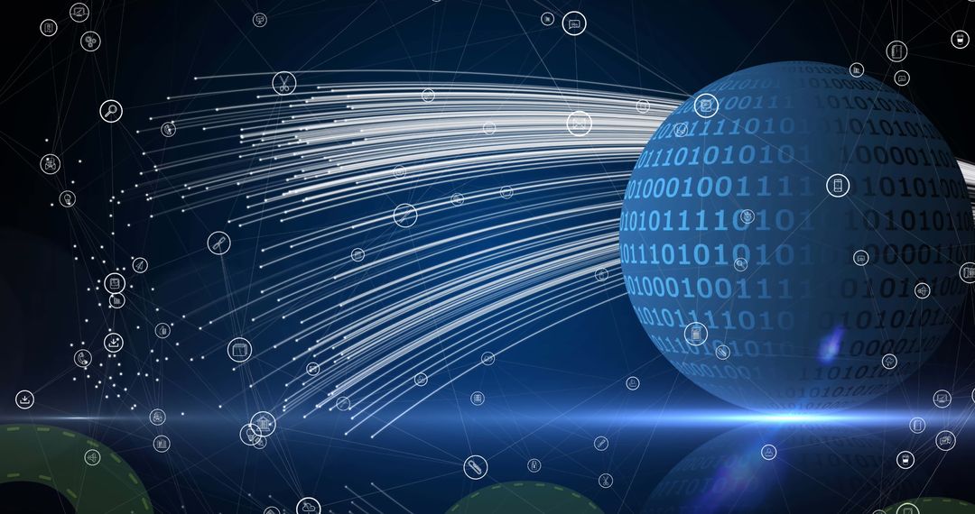 Digital Data Streams Encircling Binary Globe
