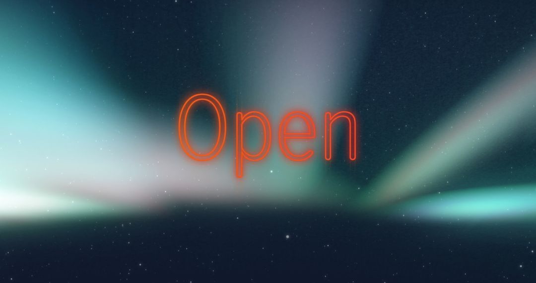 Neon Orange Open Sign Against Aurora Background