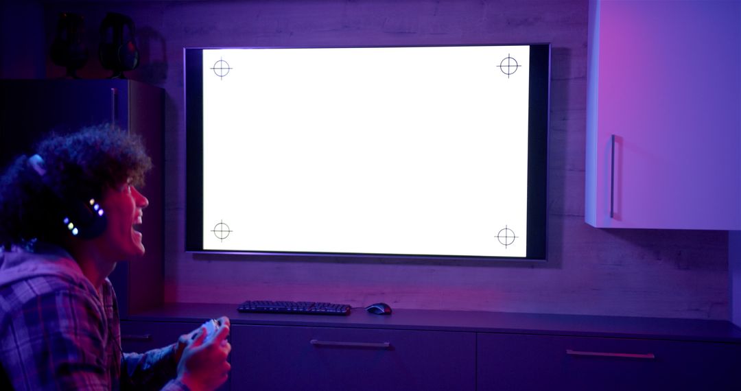 Gamer Engaged with Blank TV Screen in Home Entertainment Setup