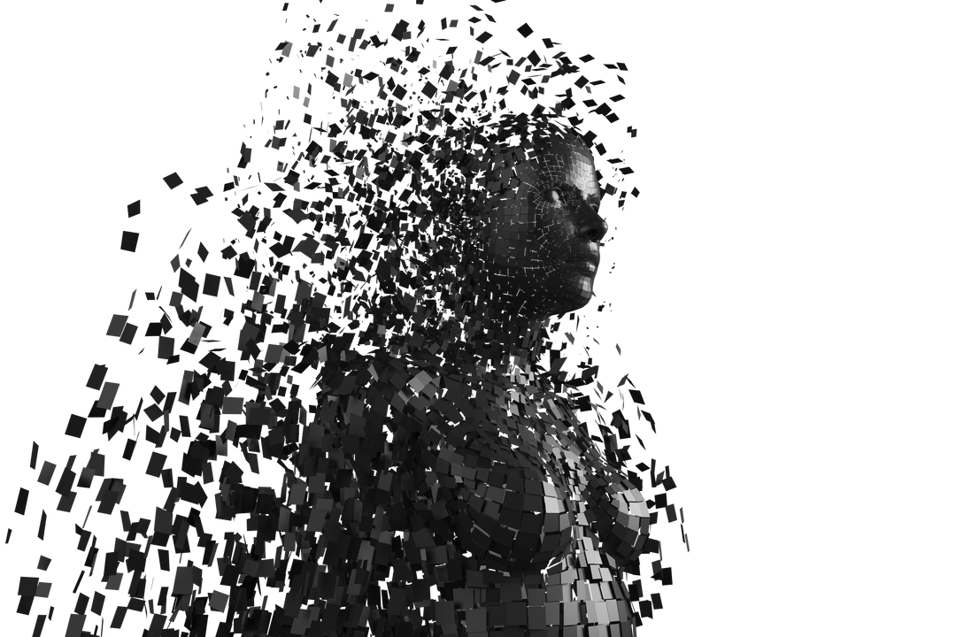 Pixelated Black 3D Female Disintegrating into Transparent Skeletal Particles - Download Free Stock Images Pikwizard.com