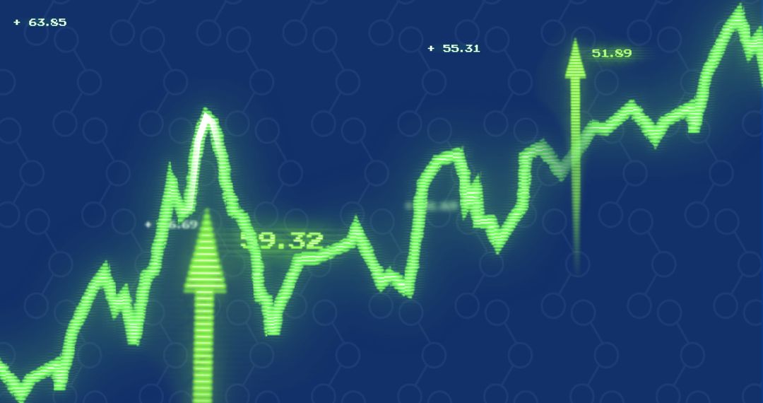 Global Financial Data Analysis with Green Growth Arrows on Blue Background