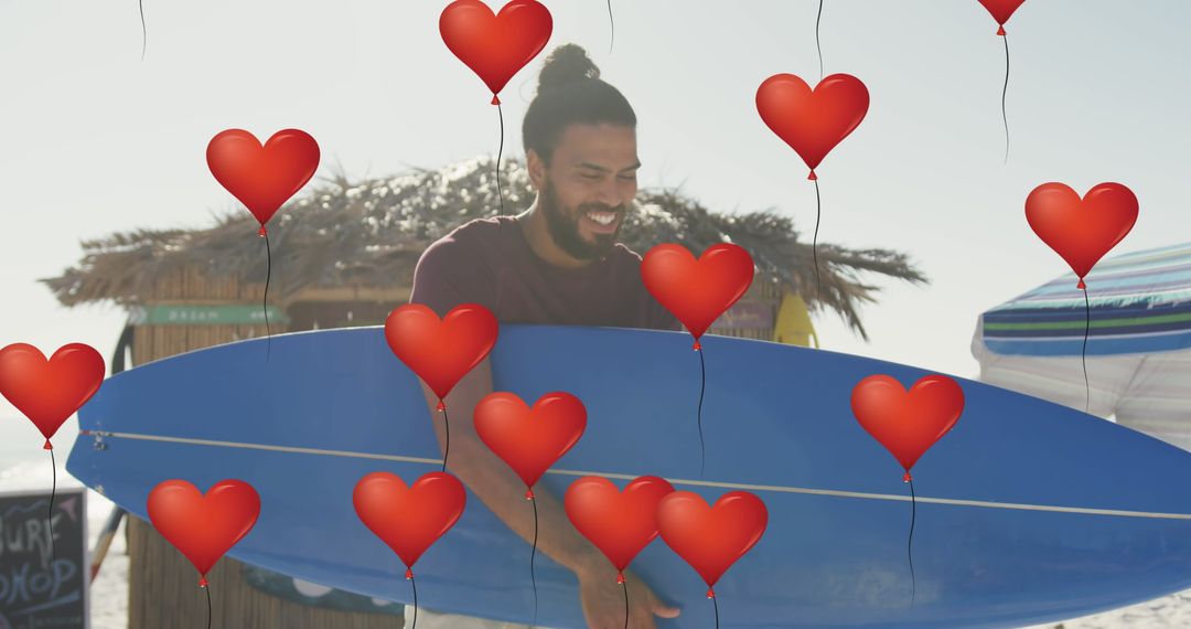 Man with Surfboard Surrounded by Floating Heart Icons on Beach
