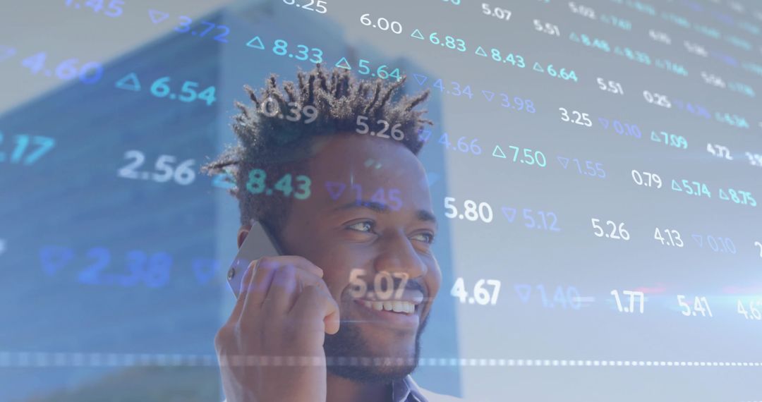 Businessman Discussing Stock Market on Smartphone with Financial Data Overlay