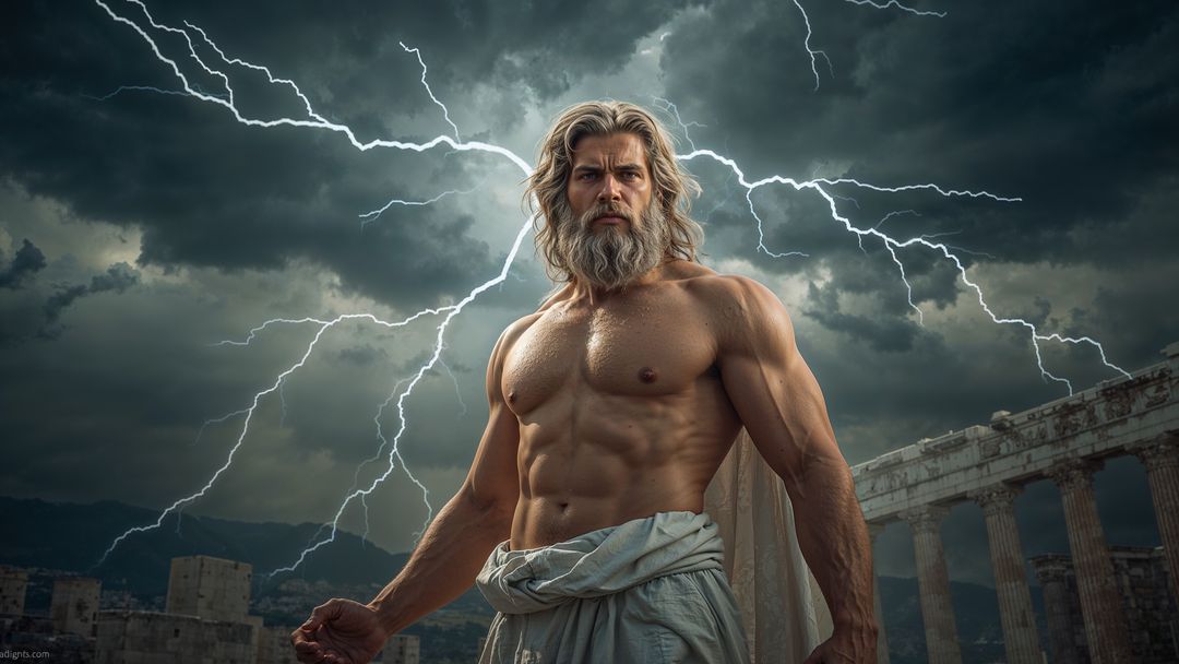 Mythical male deity zeus with lightning in ancient ruins