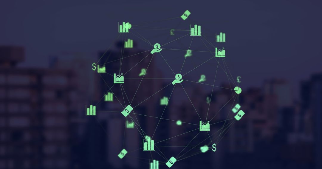 Digital Network with Financial Icons Over Cityscape