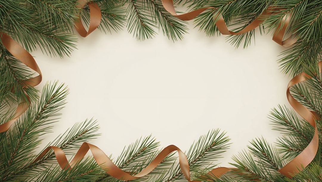 Minimalist Evergreen Frame with Copper Ribbon on Cream Background for Holiday Design & Invitations