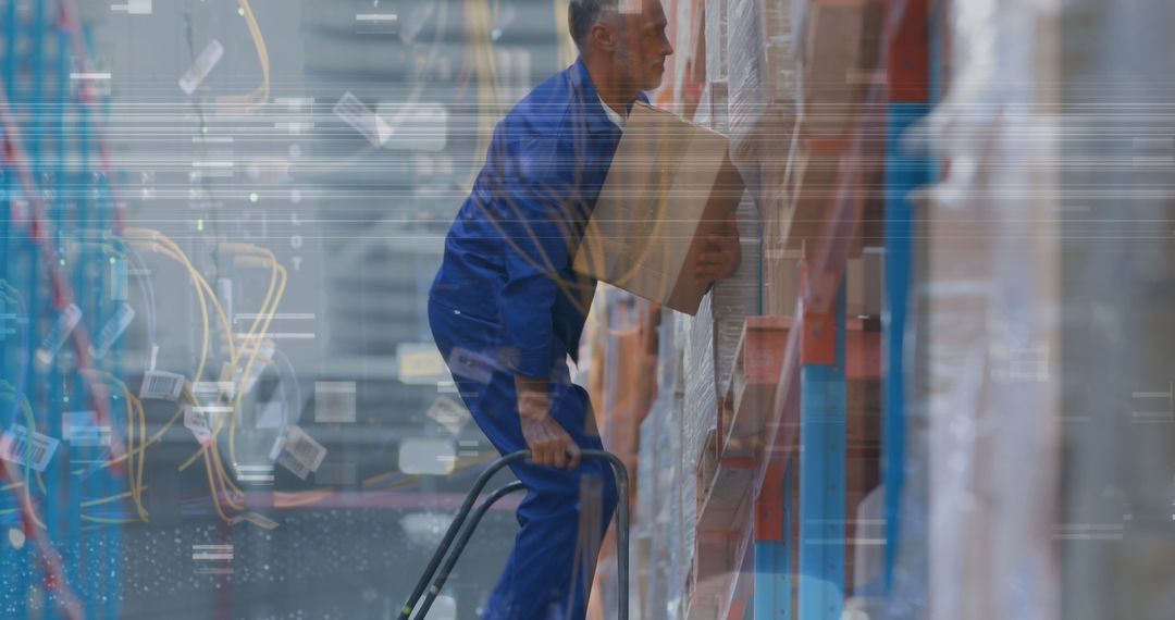Warehouse Worker Holding Box with Digital Interface Overlay