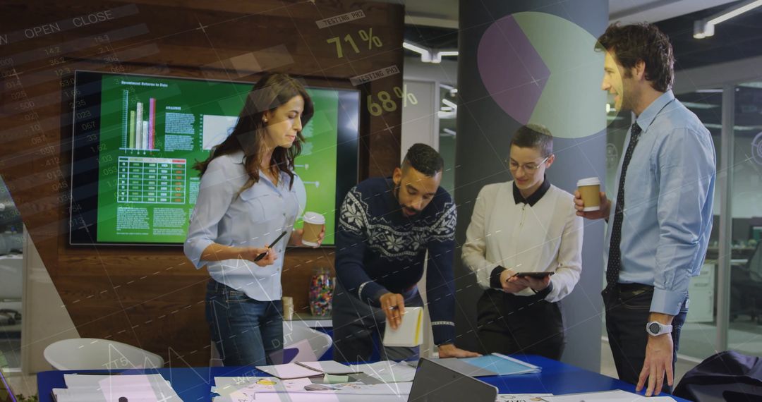 Diverse Business Team Analyzing Project in Modern Office with Data Overlay