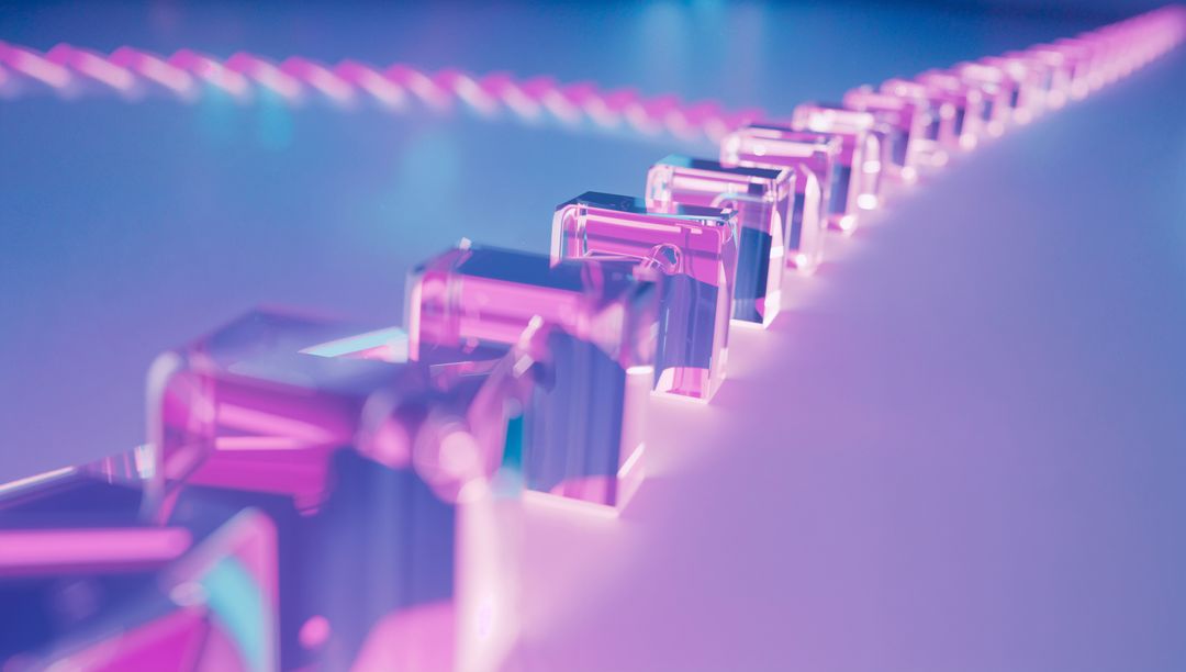 Translucent Cubes with Neon Glow on Reflective Surface