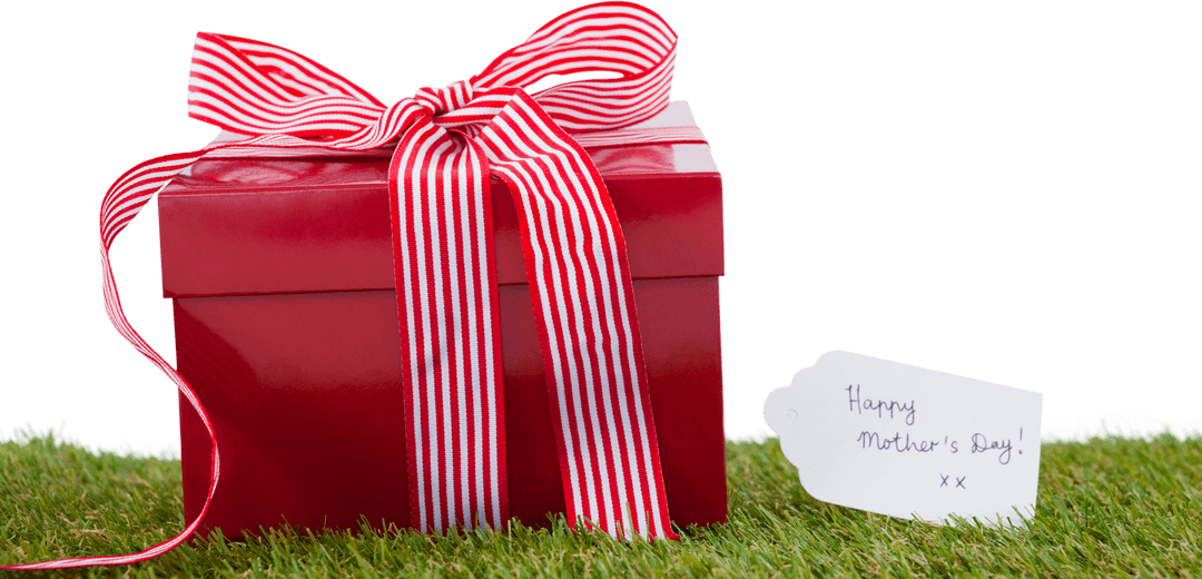 Transparent Red Gift Box on Grass with Mother's Day Tag Ribbon