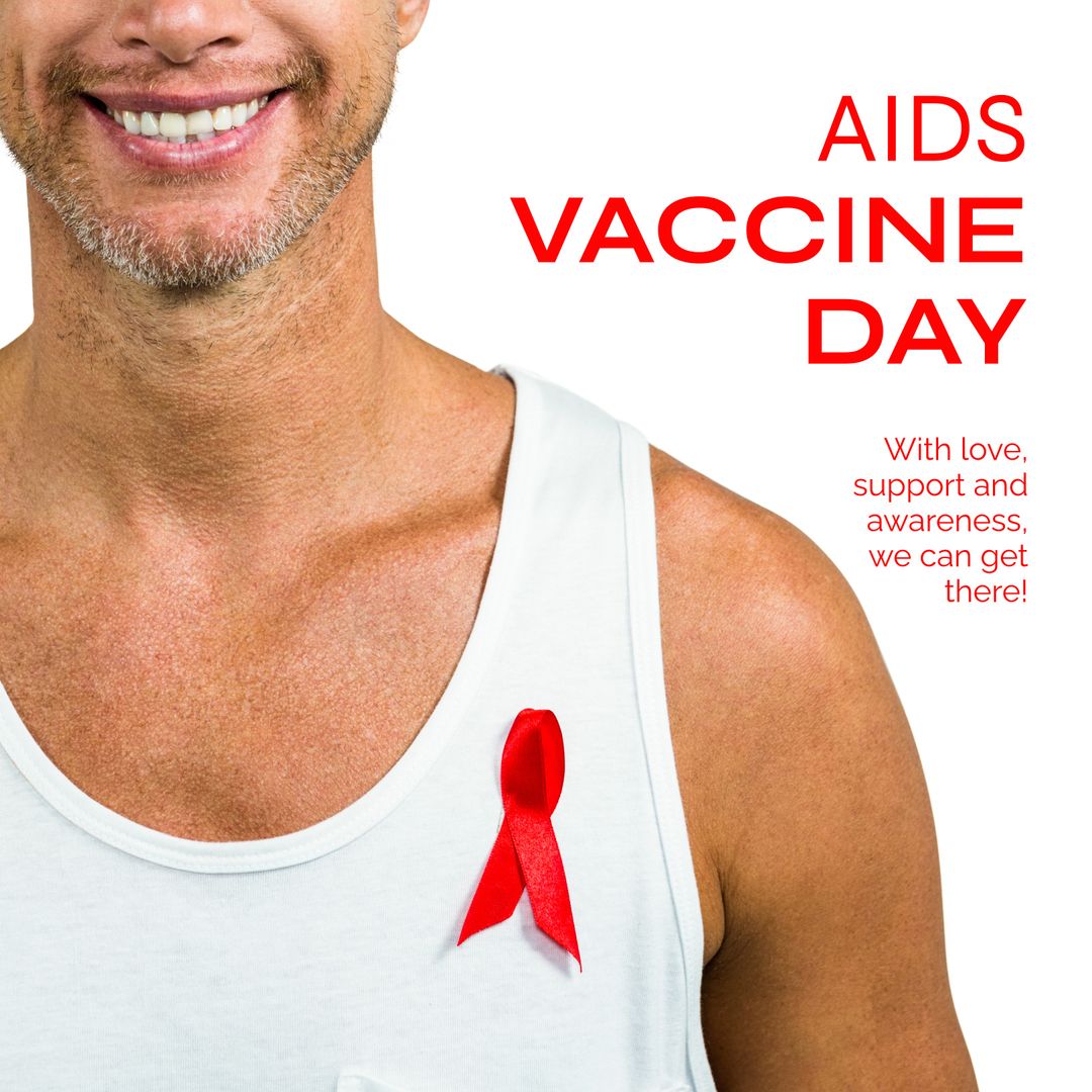 Smiling Man Wearing Red Ribbon on AIDS Vaccine Day