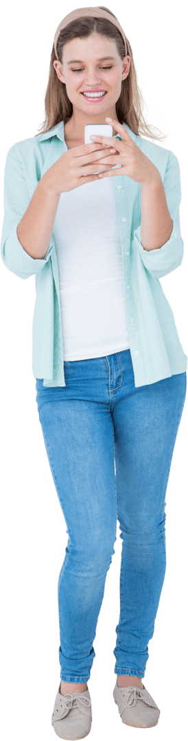 Smiling Woman Successfully Browsing Transparent Background