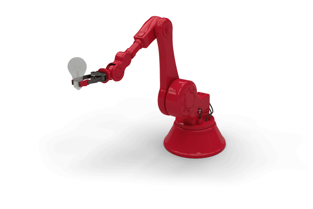 Red Robotic Arm Holding Lightbulb Illustration on Transparent Background