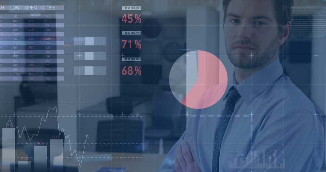 Businessman Analyzing Data on Transparent Screen in Modern Office
