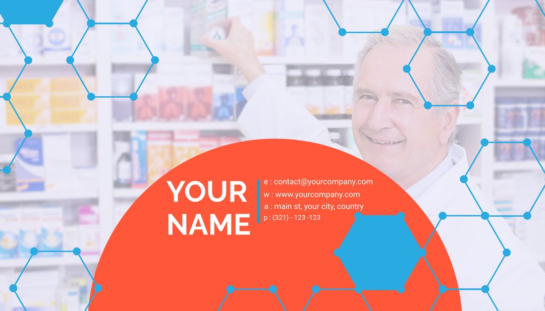 Smiling Pharmacist in Pharmacy with Contact Information Overlay - Download Free Stock Templates Pikwizard.com