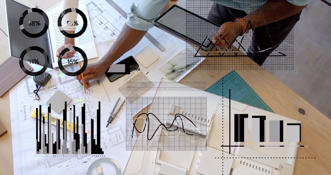 Architects Collaborating on Blueprints with Data Analytics Overlay