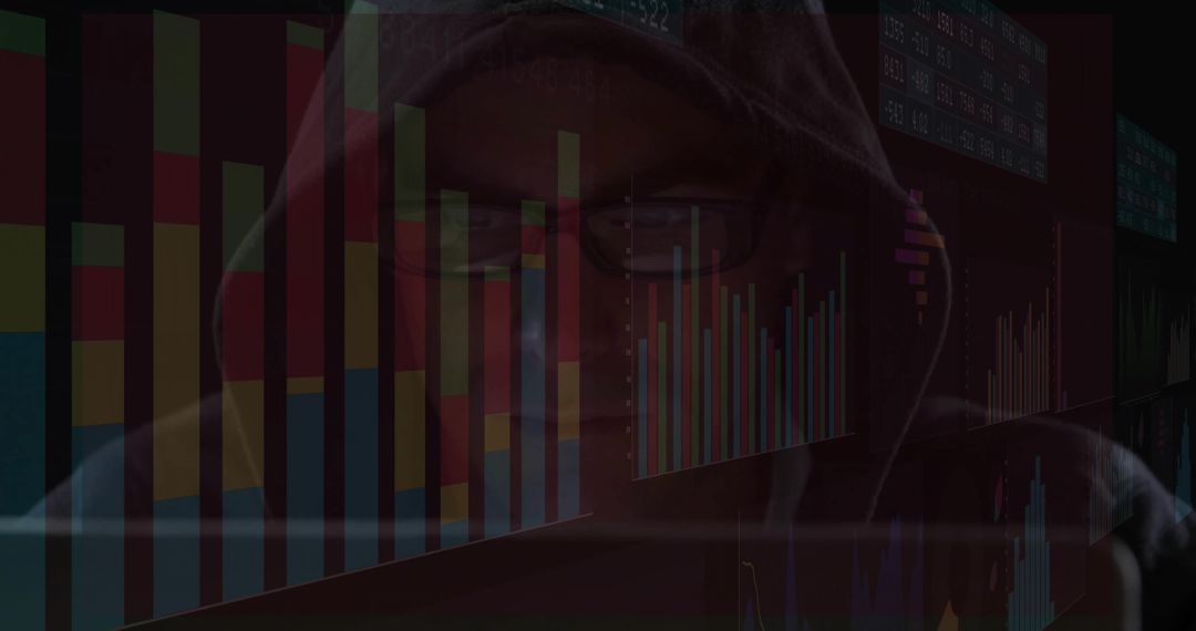 Hooded Man Analyzing Digital Stock Data with Futuristic Interface