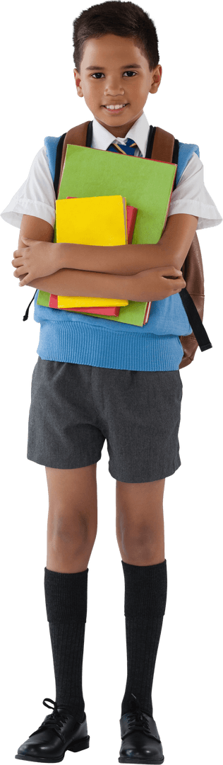 Confident Schoolboy Holding Colorful Books on Transparent Background