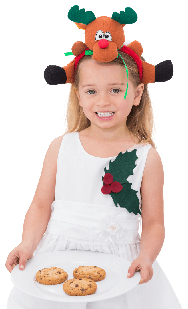 Girl in Festive Reindeer Hat with Cookies and Transparent Background