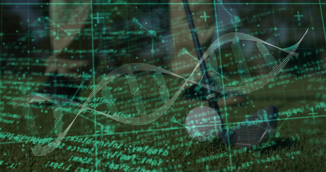 Floating teal DNA double helix hovering above grassy ground with molecular code overlay