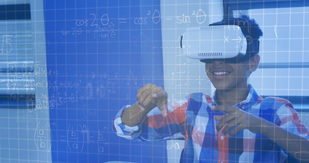 Schoolboy Engaging with Virtual Reality Math Learning Interface