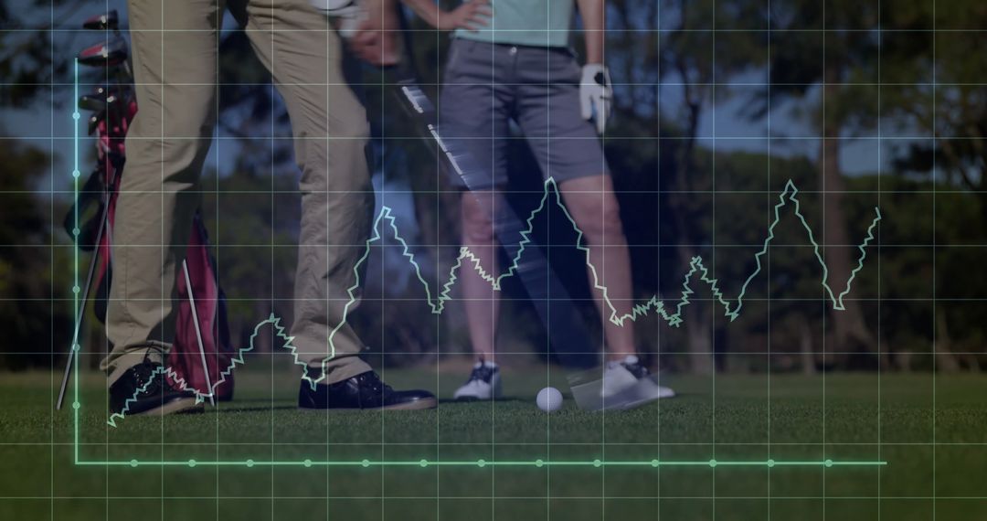 Golfers Analyzing Shots with Data Overlay on Green