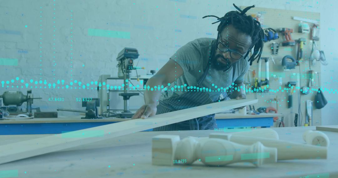 Carpenter Measuring Plank in Workshop with Tools and Equipment