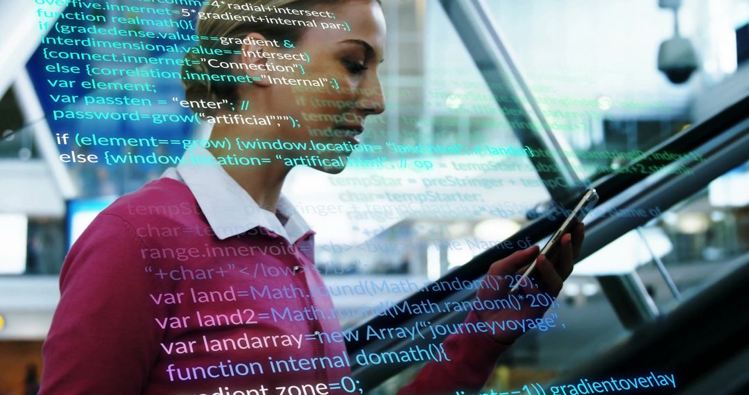 Woman Engaging with Digital Code in Modern Urban Space