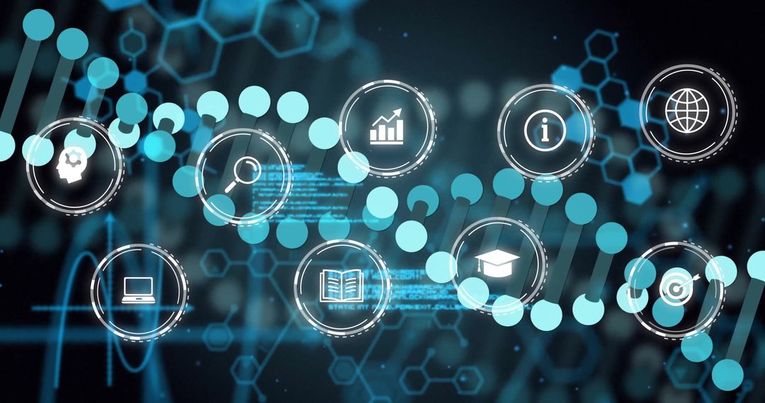 Digital DNA Helix with Tech and Science Icons