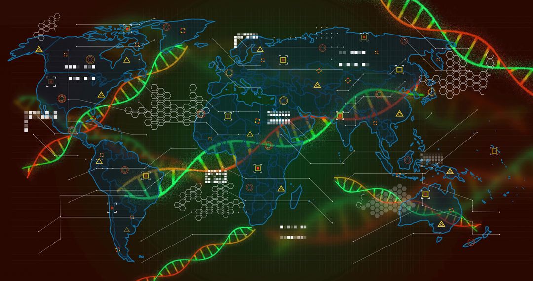 Futuristic World Map with DNA Helix and Digital Interface
